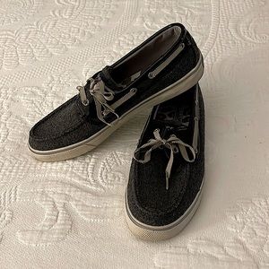 Gray wool and black patent leather trim- Sperry